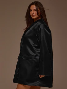 MUSERA Blazer de satén negro con botones, estilo cool, para citas nocturnas, otoño e invierno, conjunto para mujer - Negro - Ver 3