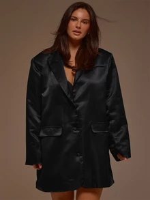 MUSERA Blazer de satén negro con botones, estilo cool, para citas nocturnas, otoño e invierno, conjunto para mujer - Negro - Ver 1