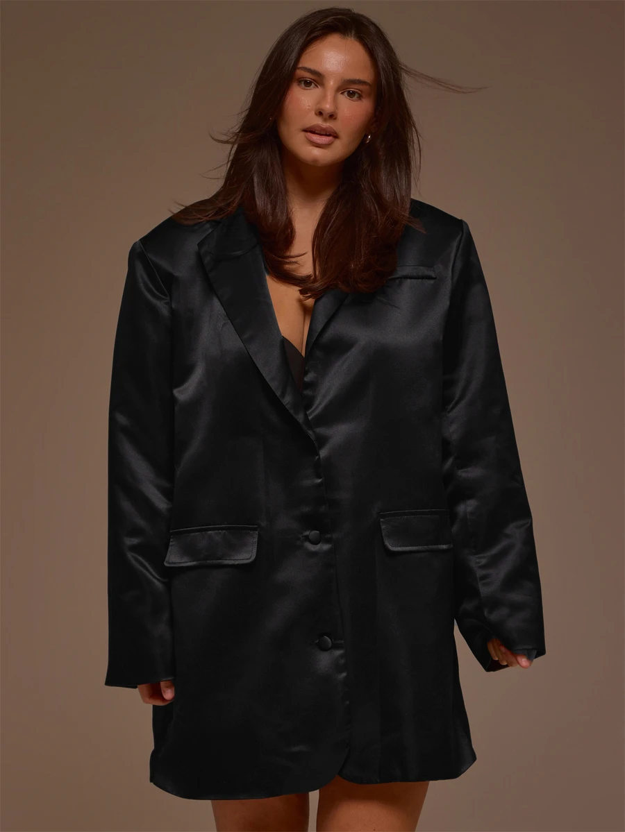 MUSERA Blazer de satén negro con botones, estilo cool, para citas nocturnas, otoño e invierno, conjunto para mujer - Negro - Ver 1