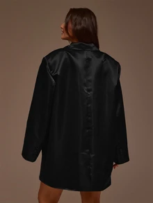 MUSERA Blazer de satén negro con botones, estilo cool, para citas nocturnas, otoño e invierno, conjunto para mujer - Negro - Ver 4