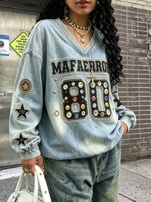 Rovax 女款時尚休閒學院風印花V領長袖運動衫，適合日常穿著 - 彩色 - 查看 3