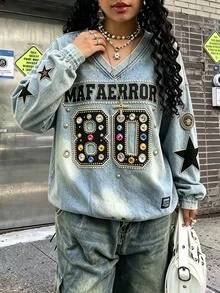 Rovax 女款時尚休閒學院風印花V領長袖運動衫，適合日常穿著 - 彩色 - 查看 4