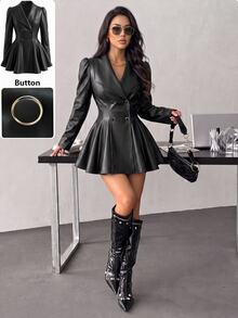 Modelyn PU Leather Double Breasted Placket Coat - Black - View 8