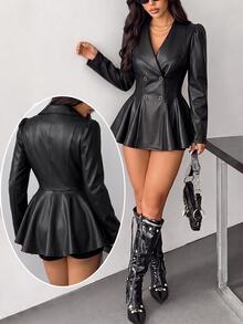 Modelyn PU Leather Double Breasted Placket Coat - Black - View 3