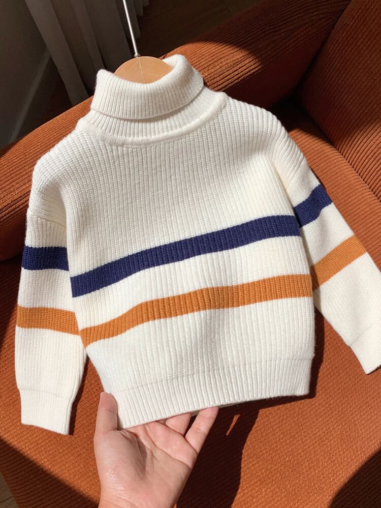 SHEIN Baby Boy Colorful Striped Pattern Knitted Soft Round Neck Long Sleeve Pullover Sweater Fall/Winter Clothes Back To School Clothes - Multicolor - View 4