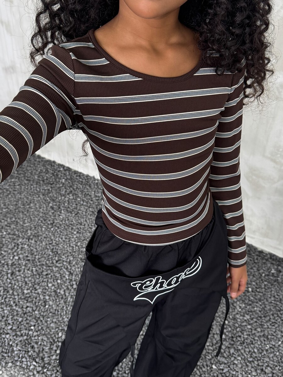 Tween Girls Brown Striped Kids Slim Long Sleeve Tee, Family Matching Fall Winter Casual Top - Brown - View 1