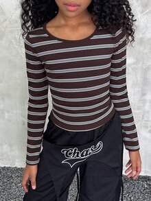 青少年女孩棕色條紋修身長袖T恤，親子套裝秋冬休閒上衣 - 棕色 - 查看 4