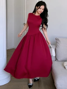 Modelyn 女士纯色无袖中长休闲连衣裙，简约时尚，适合日常穿着 - 酒紅色 - 查看 4