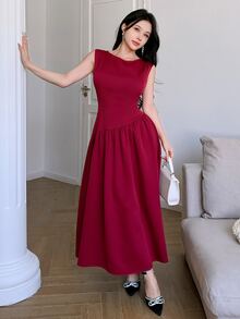 Modelyn 女士纯色无袖中长休闲连衣裙，简约时尚，适合日常穿着 - 酒紅色 - 查看 3