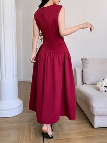 Modelyn 女士纯色无袖中长休闲连衣裙，简约时尚，适合日常穿着 - 酒紅色 - 查看 5