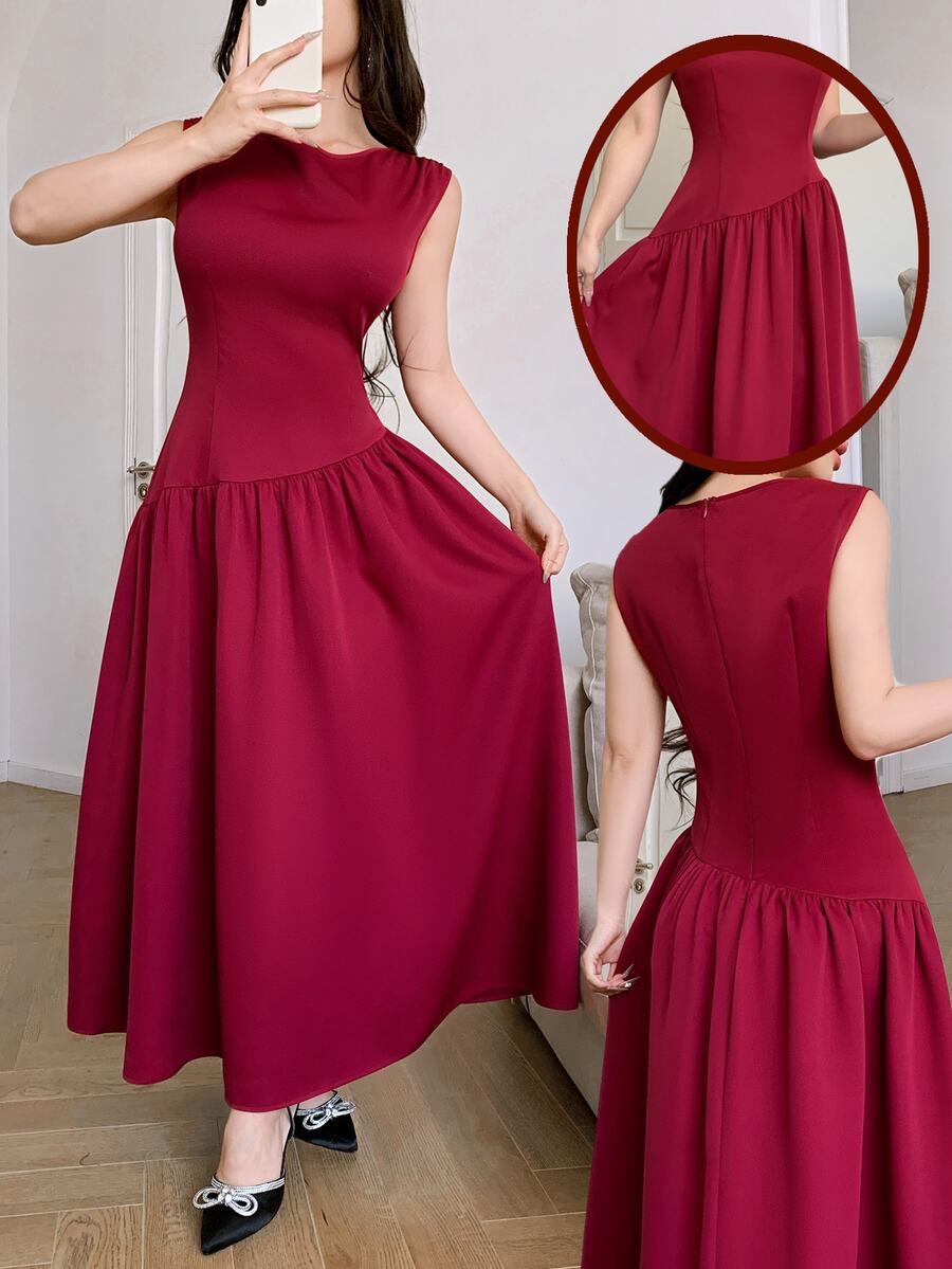 Modelyn 女士纯色无袖中长休闲连衣裙,简约时尚,适合日常穿着 - 酒紅色 - 查看 1
