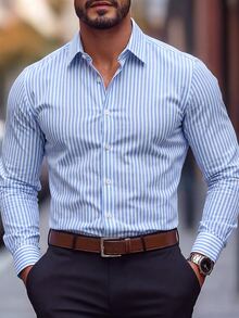 Manfinity Mode Men's Blue & White Vertical Striped Long Sleeve Shirt, Regular Fit, Casual Business Formal Dress Shirt, Commute Versatile Daily Wear - Baby Blue - View 1