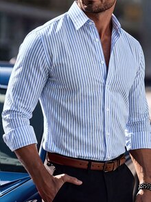 Manfinity Mode Men's Blue & White Vertical Striped Long Sleeve Shirt, Regular Fit, Casual Business Formal Dress Shirt, Commute Versatile Daily Wear - Baby Blue - View 3