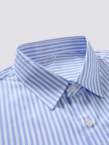 Manfinity Mode Men's Blue & White Vertical Striped Long Sleeve Shirt, Regular Fit, Casual Business Formal Dress Shirt, Commute Versatile Daily Wear - Baby Blue - View 4