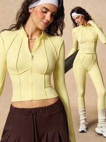 VARSIVA Women's Solid Color Zipper Casual Versatile Daily Travel Sports Jacket - Yellow - View 11