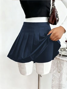 SHEIN Sparklyn 女童百褶高腰裙褲，內建安全短褲，2合1裙褲，四季百搭，可搭配襯衫、T恤、Polo衫、連帽衫、外套 - 藏蓝色 - 查看 7