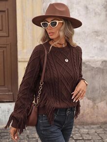 Brillora Brown Diamond Cable Knit Tassel Sleeve Pullover For Gathering Shopping Western Style,Diamond Pattern,Country Style,Winter Clothes,Halloween - Brown - View 10