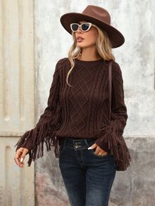 Brillora Brown Diamond Cable Knit Tassel Sleeve Pullover For Gathering Shopping Western Style,Diamond Pattern,Country Style,Winter Clothes,Halloween - Brown - View 1