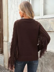 Brillora Brown Diamond Cable Knit Tassel Sleeve Pullover For Gathering Shopping Western Style,Diamond Pattern,Country Style,Winter Clothes,Halloween - Brown - View 2