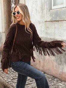Brillora Brown Diamond Cable Knit Tassel Sleeve Pullover For Gathering Shopping Western Style,Diamond Pattern,Country Style,Winter Clothes,Halloween - Brown - View 3