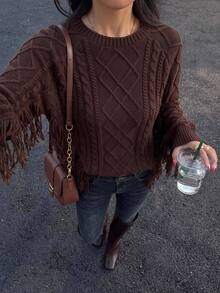 Brillora Brown Diamond Cable Knit Tassel Sleeve Pullover For Gathering Shopping Western Style,Diamond Pattern,Country Style,Winter Clothes,Halloween - Brown - View 9