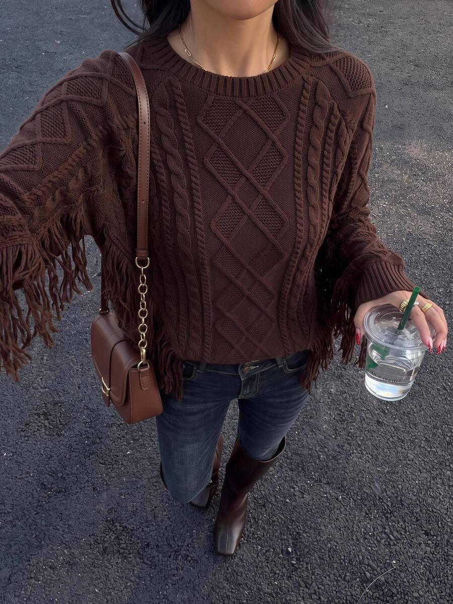 Brillora Brown Diamond Cable Knit Tassel Sleeve Pullover For Gathering Shopping Western Style,Diamond Pattern,Country Style,Winter Clothes,Winter Outfit - Brown - View 1