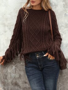 Brillora Brown Diamond Cable Knit Tassel Sleeve Pullover For Gathering Shopping Western Style,Diamond Pattern,Country Style,Winter Clothes,Halloween - Brown - View 8