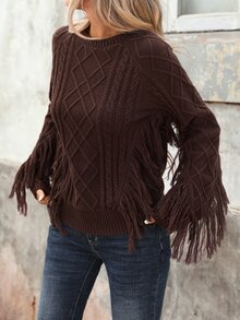 Brillora Brown Diamond Cable Knit Tassel Sleeve Pullover For Gathering Shopping Western Style,Diamond Pattern,Country Style,Winter Clothes,Halloween - Brown - View 4