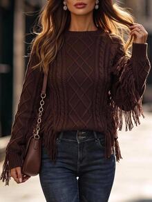 Brillora Brown Diamond Cable Knit Tassel Sleeve Pullover For Gathering Shopping Western Style,Diamond Pattern,Country Style,Winter Clothes,Halloween - Brown - View 11