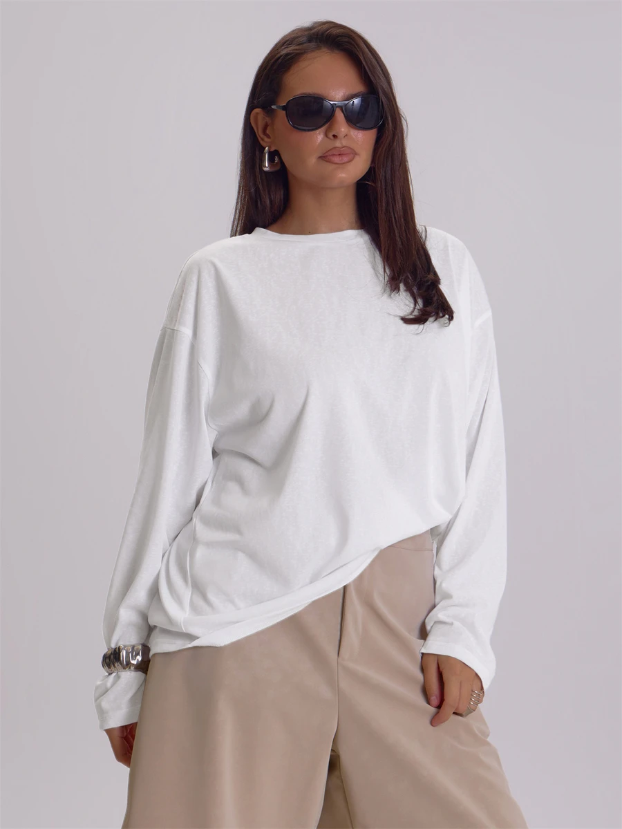 MUSERA Top de manga larga blanco talla grande para mujer, conjunto casual de invierno y otoño - Blanco - Ver 1