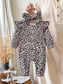 SHEIN 2 قطعة رومبير للبنات الصغيرات بتصميم حلو عتيق بني بنقشة نمر مع فيونكة وكشكشة وأكمام طويلة متطايرة وياقة دائرية لحفلة عيد الميلاد والخريف والهالوين والكريسماس مع عصابة رأس متطابقة - متعدد الألوان - مشاهدة 3
