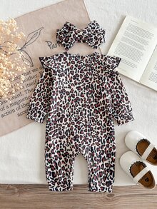 SHEIN 2 قطعة رومبير للبنات الصغيرات بتصميم حلو عتيق بني بنقشة نمر مع فيونكة وكشكشة وأكمام طويلة متطايرة وياقة دائرية لحفلة عيد الميلاد والخريف والهالوين والكريسماس مع عصابة رأس متطابقة - متعدد الألوان - مشاهدة 2