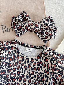 SHEIN 2 قطعة رومبير للبنات الصغيرات بتصميم حلو عتيق بني بنقشة نمر مع فيونكة وكشكشة وأكمام طويلة متطايرة وياقة دائرية لحفلة عيد الميلاد والخريف والهالوين والكريسماس مع عصابة رأس متطابقة - متعدد الألوان - مشاهدة 6