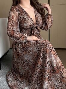 Vibekara Plus Size Sexy Elegant V-Neck Bow Tie Dress Fall - Brown - View 1