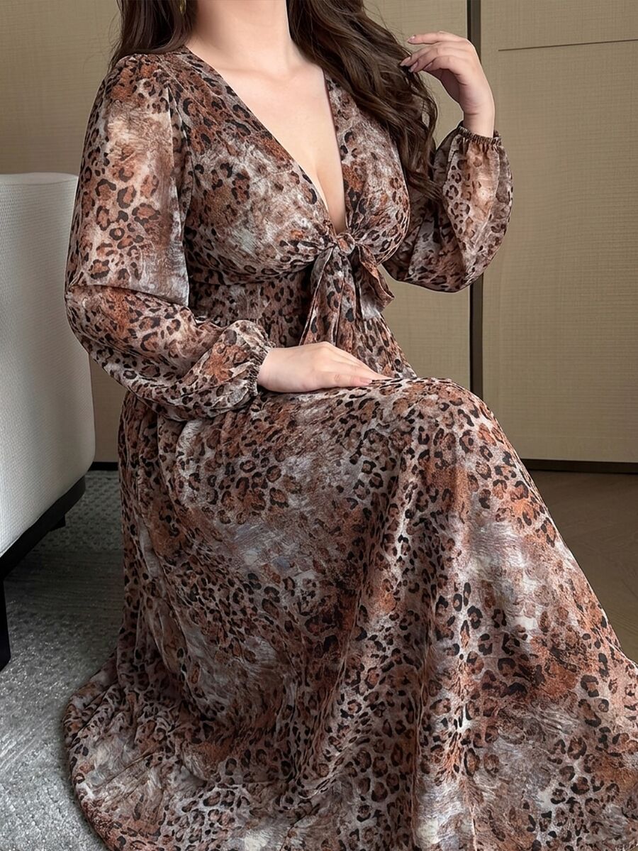 Vibekara Plus Size Sexy Elegant V-Neck Bow Tie Dress Fall - Brown - View 1