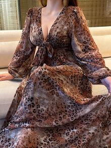 Vibekara Plus Size Sexy Elegant V-Neck Bow Tie Dress Fall - Brown - View 6