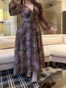 Vibekara Plus Size Sexy Elegant V-Neck Bow Tie Dress Fall - Brown - View 5