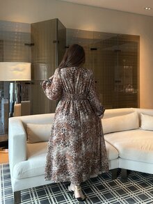 Vibekara Plus Size Sexy Elegant V-Neck Bow Tie Dress Fall - Brown - View 2
