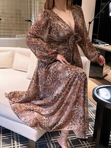 Vibekara Plus Size Sexy Elegant V-Neck Bow Tie Dress Fall - Brown - View 3