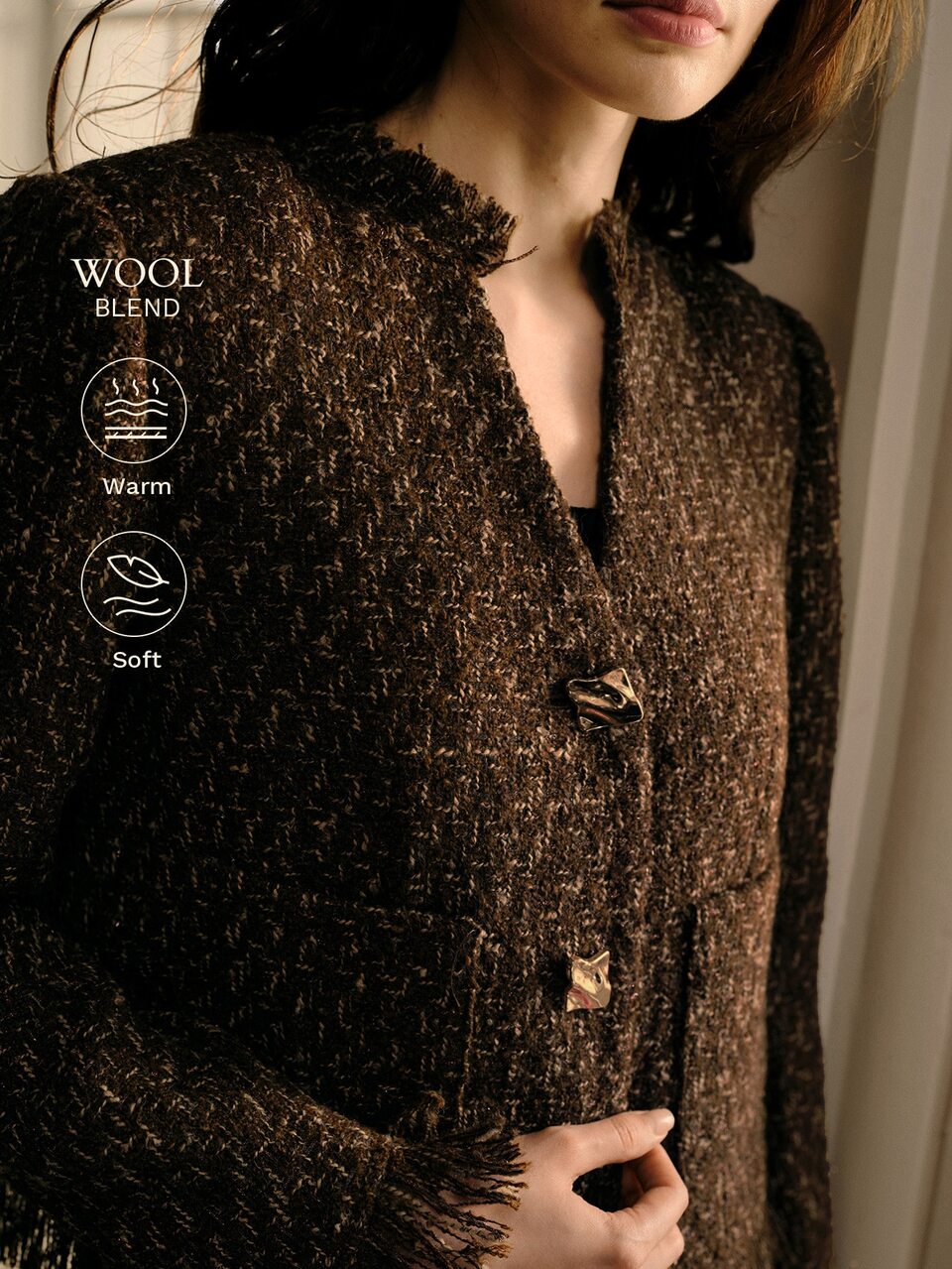 MOTF TWEED OVERCOAT WITH FRINGE TRIM AND TWO BUTTONS