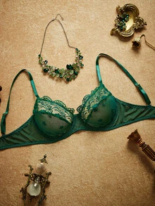 PinupPomp Contrast Lace Underwire Bra Lingerie - Dark Green - View 3