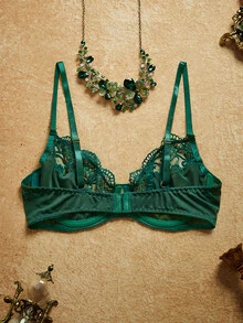 PinupPomp Contrast Lace Underwire Bra Lingerie - Dark Green - View 2