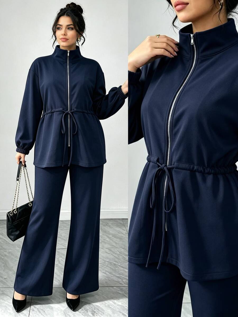 SHEIN Clasi GlowEve Women Plus Size Basic High Neck Drawstring Zip-Up 2 Pieces Set Fall - Navy Blue - View 1