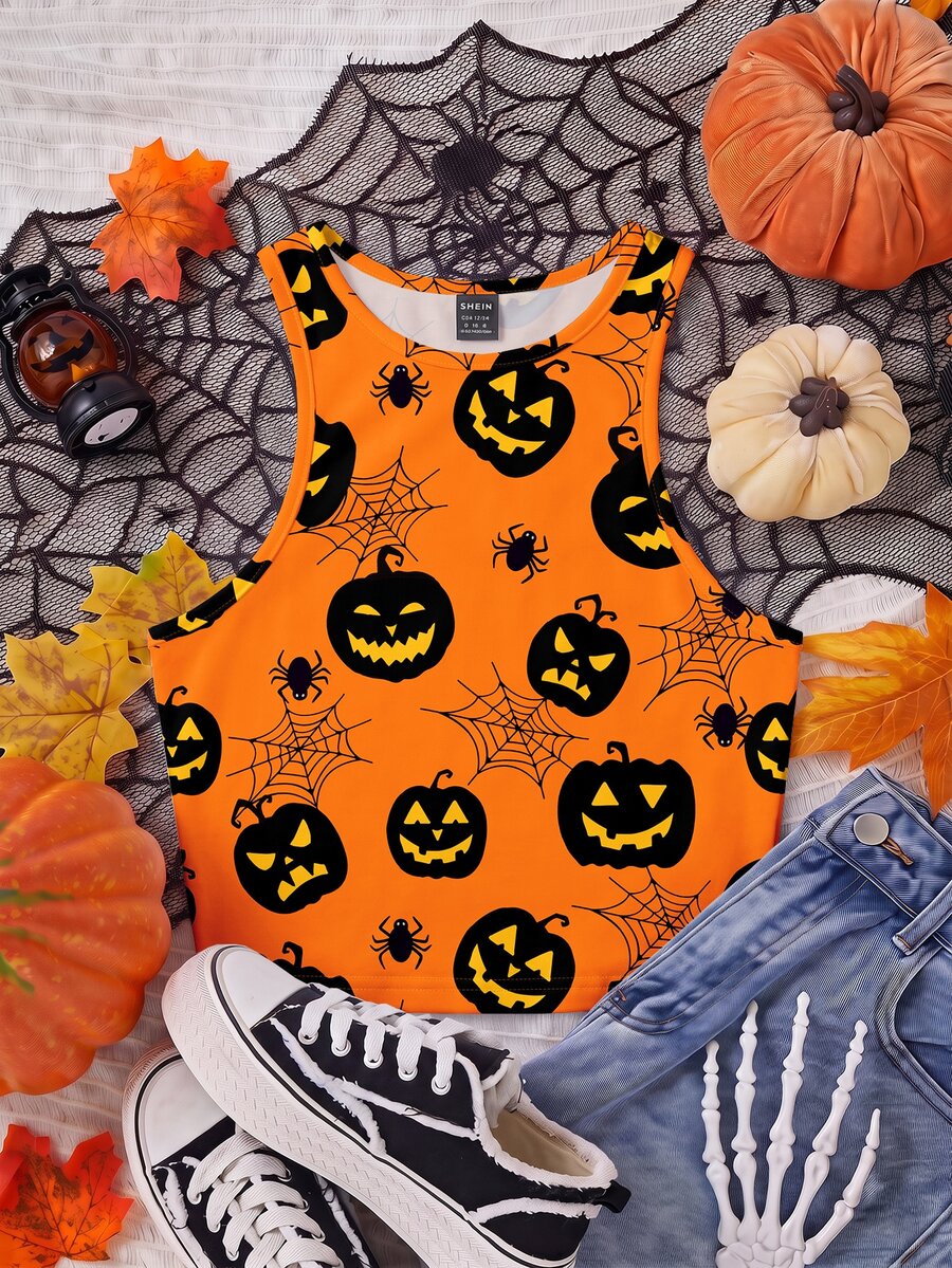 SHEIN EZwear 萬聖節女性派對幽靈微笑臉印花短版背心,性感修身,適合夏季穿著 - 彩色 - 查看 1