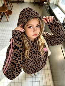Tween Girls Fall Heart Pattern Leopard Print Hoodie, Casual Autumn Top - Multicolor - View 1