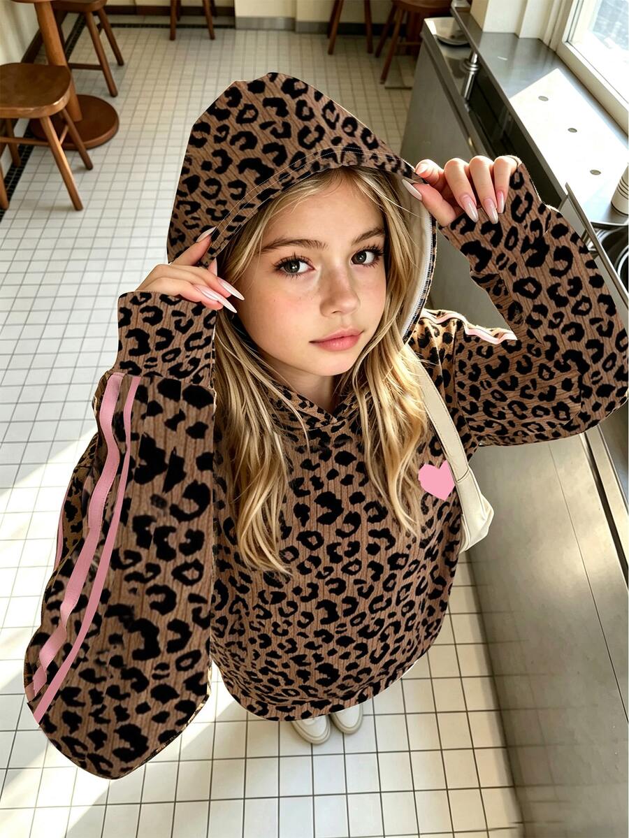 Tween Girls Fall Heart Pattern Leopard Print Hoodie, Casual Autumn Top - Multicolor - View 1