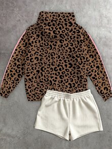 Tween Girls Fall Heart Pattern Leopard Print Hoodie, Casual Autumn Top - Multicolor - View 2