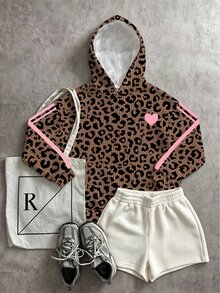 Tween Girls Fall Heart Pattern Leopard Print Hoodie, Casual Autumn Top - Multicolor - View 4