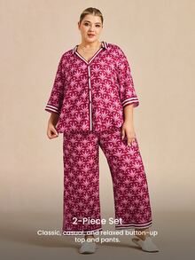 LUVLETTE Plus Size Women's Cute Vibrant Burgundy Satin Sleep Set - Pattern Pajamas With Contrast Trim Lively Nightwear Curve Pyjama Graphic - Pink - View 6