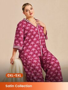 LUVLETTE Plus Size Women's Cute Vibrant Burgundy Satin Sleep Set - Pattern Pajamas With Contrast Trim Lively Nightwear Curve Pyjama Graphic - Pink - View 1